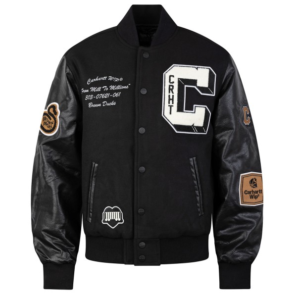 carhartt-jacke-961zuw-1.jpg Carhartt Brown Ducks Bomber Jacket black College Jacke mit Ärmel aus Kunstleder | DROP IN.de – Bild 1