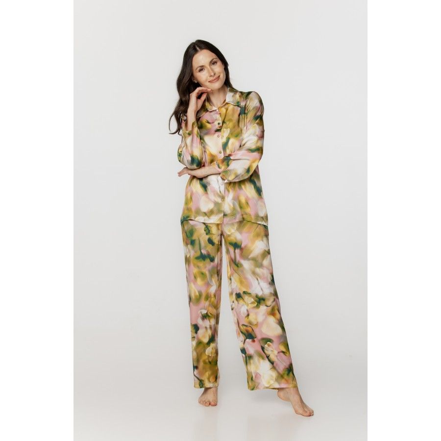 damen-hausanzug-726ind-1.jpg Für Damen: Zweiteiliger Hausanzug/Pyjama aus Viskose und Seide mit rosa und kakifarbenem Print – Bild 1