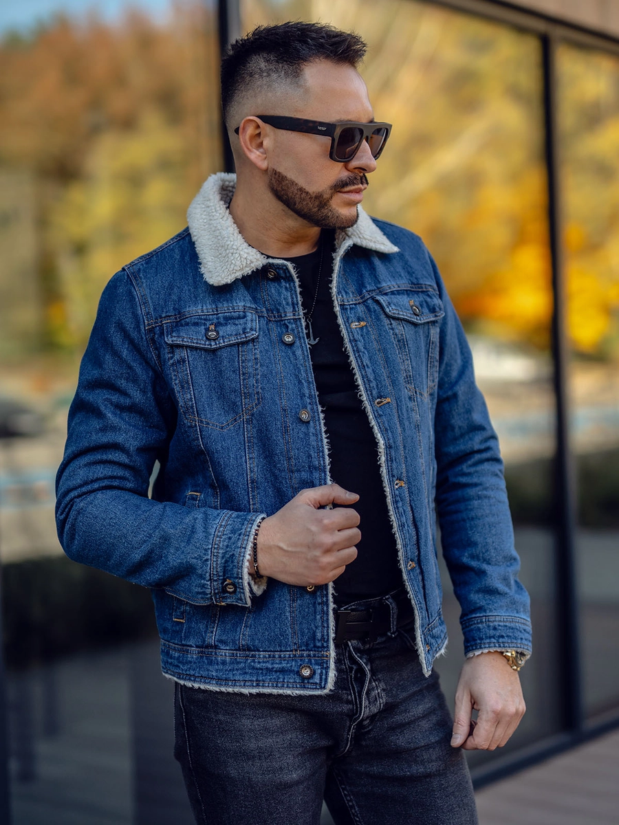 jeansjacke-herren-821xyy.webp Herren Jeansjacke Turcker Jacke Warm Gefüttert mit Teddyfell Kragen Dunkelblau Bolf 1156 Bolf.de – Bild 1