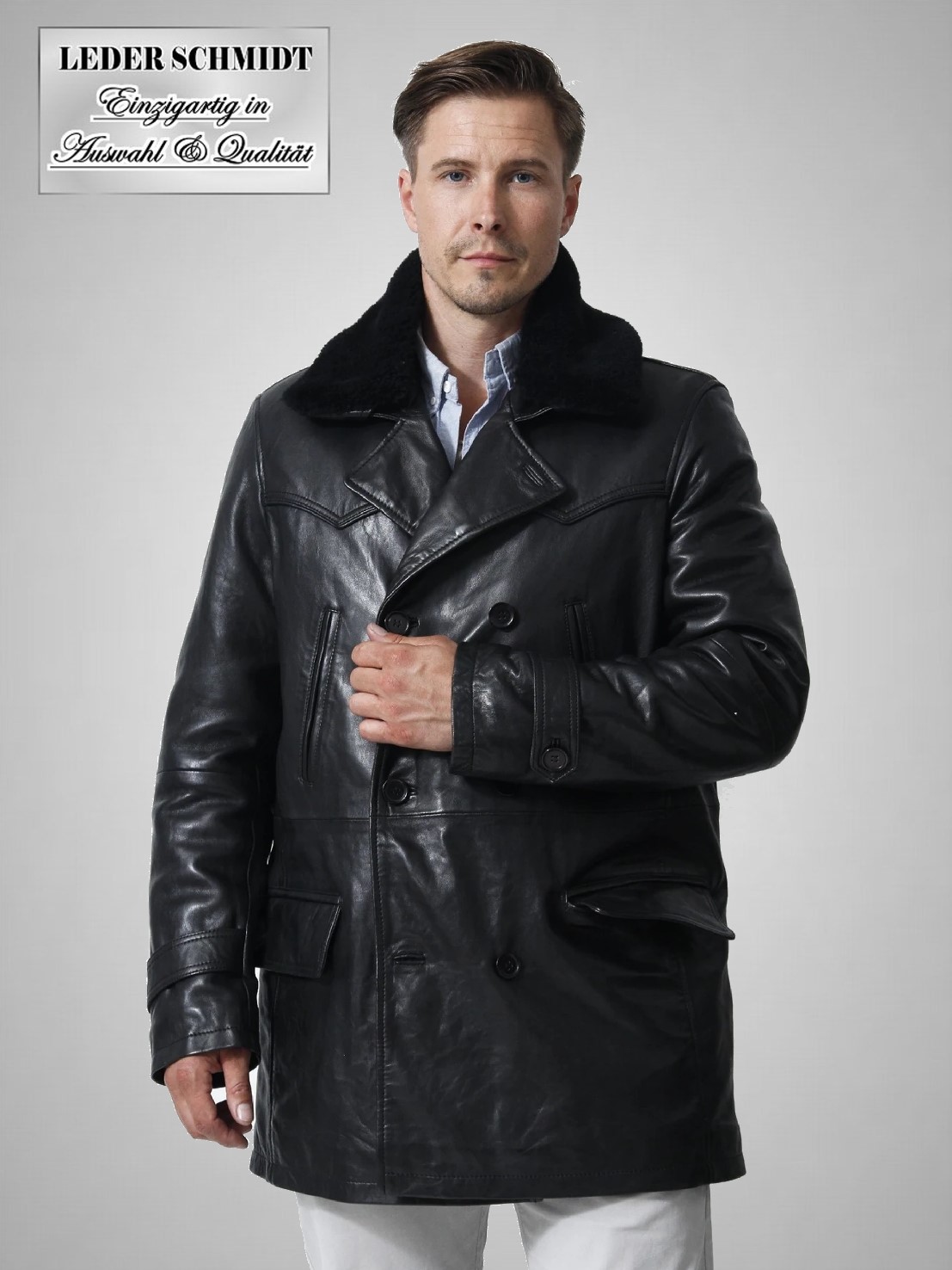 lederjacke-herren-064ekg-1.jpg leder schmidt.de lange Herren Lederjacke mit Lammfellkragen – Bild 1