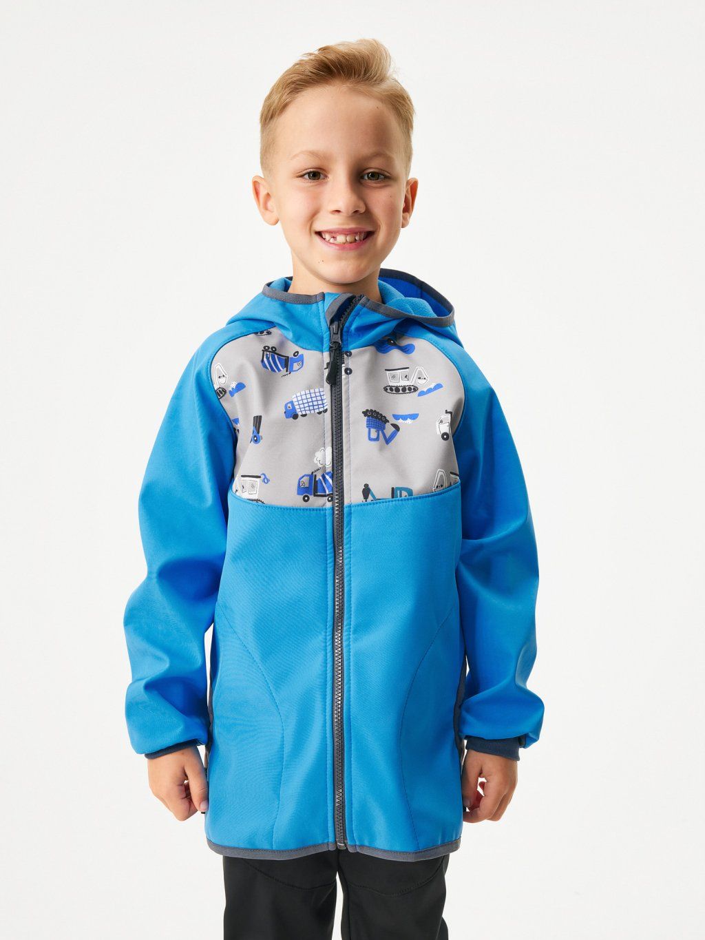 softshelljacke-kinder-206jyh-1.jpg Softshell Jacke mit Fleece für Kinder Basic, Blau, Bagger – Bild 1