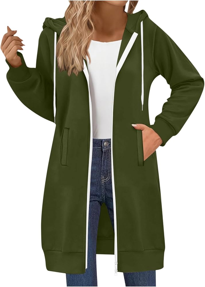 sweatjacke-damen-275gsh-1.jpg RLEHJN Full Zip Hoodie Damen Oversized Sweatjacke Einfarbig Zip up Kapuzenpullover mit Taschen und Kordelzug Y2K Mode Lange Sweatjacke Outwear Langen ... – Bild 1