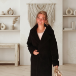Teddy Mantel Damen | Kuschelig, Lang, Schwarz & Beige | Bouclé Stil – SK StyleundKompetenz